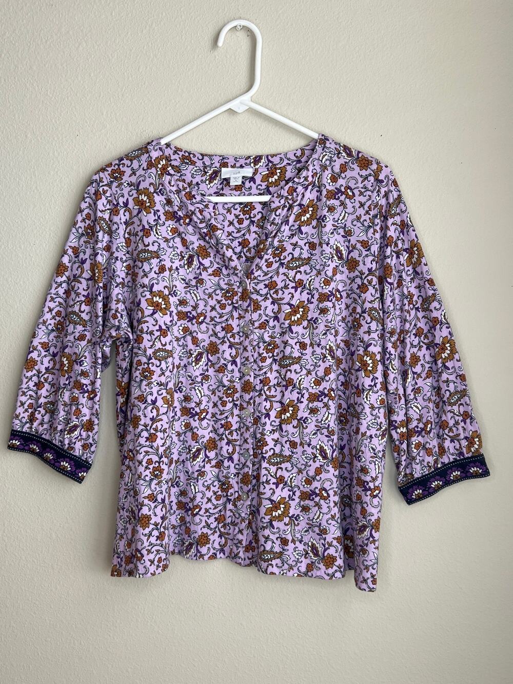 J Jill Paisley Floral Cotton Button Front Blouse Border Trim Medium Petite